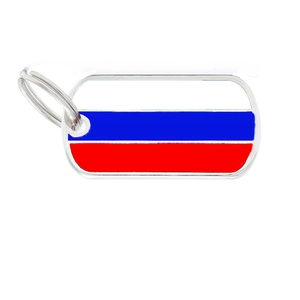 Detailed macro view of a rectangular metal keychain featuring the Russian flag design