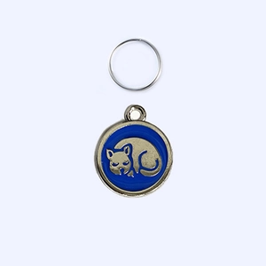 Blue enamel cat tag with silver curled cat relief and round zinc alloy frame