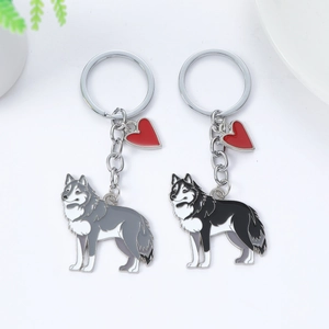 Creative husky dog keychains with red heart pendants and polished metal finish