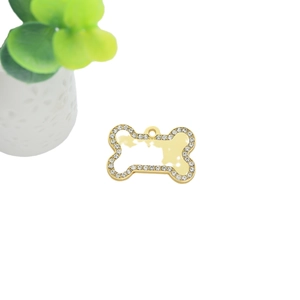 Golden bone-shaped pet ID tag with sparkling rhinestones for dog collars