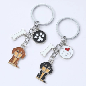 Détails de porte-clés chien en métal avec pendentifs en émail en forme d'os et de patte