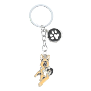 Silver alloy German Shepherd keychain with colorful enamel pendant and black paw print charm