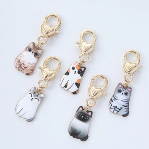 Set of five colorful enamel cat pendants with golden heart-shaped lobster clasps