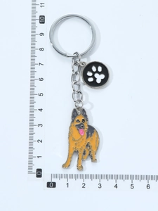 Detail showing dimensions of German Shepherd metal keychain with a black paw print pendant