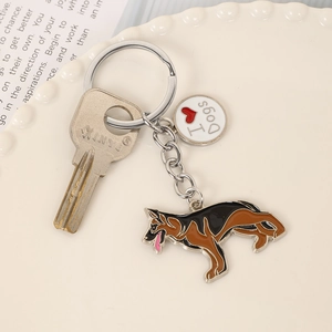 Detail of a German Shepherd alloy keychain with a round I Love Dogs metal pendant tag