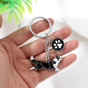 Close-up of Border Collie keychain with paw print charm and polished zinc alloy finish