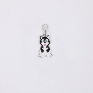 Porte-clés chien husky de dessin animé en noir et blanc avec fermoir mousqueton argenté