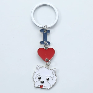 Cartoon dog metal keychain featuring a blue I letter and a red heart pendant