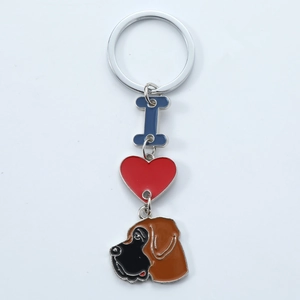 Dog breed keychain with blue I, red heart, and Boxer dog enamel charms on silver ring