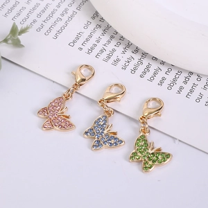 Zinc alloy butterfly keychain with colorful rhinestones and gold lobster clasp set