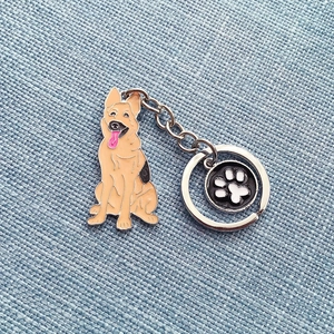 German Shepherd enamel keychain with paw print pendant on silver metal chain