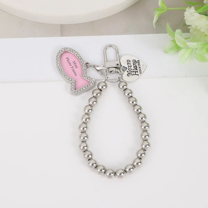 Silver beaded keychain with a mini pink photo frame and engraved heart pendant charm