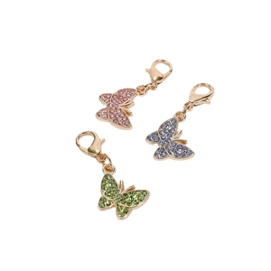 Three zinc alloy butterfly keychains with colorful crystals in pink, blue, and green