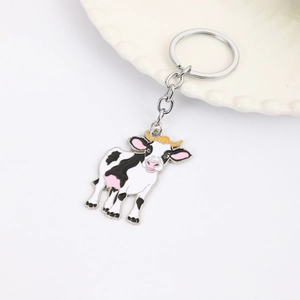 Porte-clés mignon en forme de vache en alliage de zinc émaillé avec anneau argenté