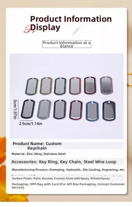 Detail specifications for zinc alloy dog tags with colorful glitter edges and dimensions