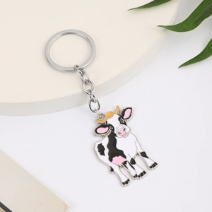 Mignon Porte-clés Vache de Dessin Animé en Alliage de Zinc Pendentif Animal Émaillé pour Sac Bijoux Femme Cadeau Anneau de Clé