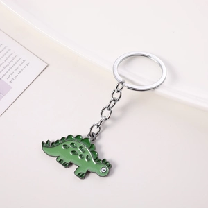 Cute cartoon dinosaur metal keychain with green enamel stegosaurus pendant and silver ring