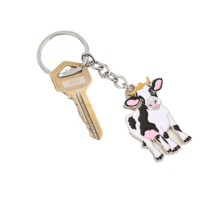 Porte-clés vache mignonne avec taches noires et blanches sur chaîne en métal argenté