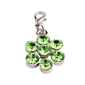 Custom silver flower pet pendant with sparkling green rhinestones and lobster clasp