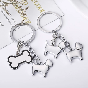Détail des breloques chien et os en métal argenté avec strass sur un fond blanc épuré