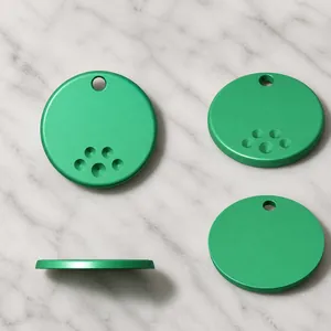 Custom 25mm green metal dog ID tag with five circular grooves for DIY laser engraving