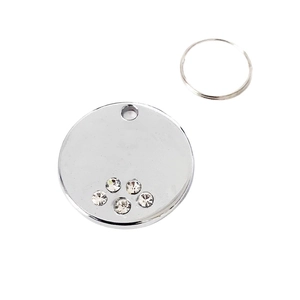 Medaglietta identificativa rotonda da 25mm in argento con motivo zampa in strass