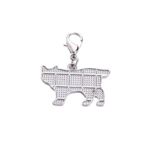 Silver metal cat pendant keychain with lobster clasp accessory on white background