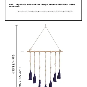 Detailed size chart of handmade macrame wall hanging with wooden beads and purple tassels