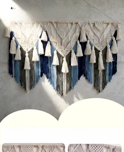 Détails de la tenture murale tissée à la main avec franges bleu marine et gris