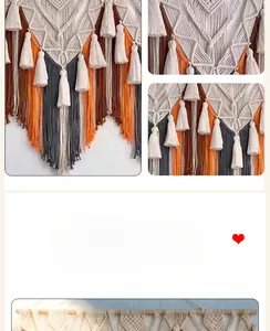 Détail de tenture murale en macramé bohème avec cordes en coton colorées et franges