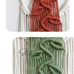 Detailed close-up of handmade macramé wall hanging showing cotton weave and leaf fringe