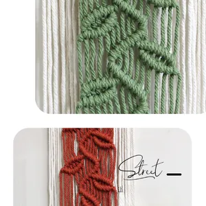 Detail of bohemian handmade cotton woven wall hanging with green and rust red textures
