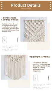 Detail of bohemian macrame wall hanging showing combed cotton texture and fringes