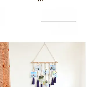 Detail of hand-woven cotton rope photo holder with purple tassels and wooden clips