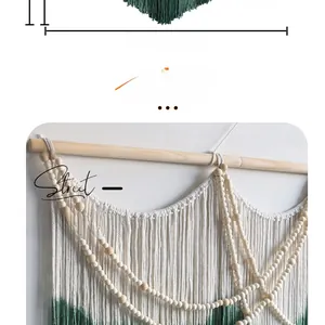 Detail of 150cm green gradient woven tapestry with wooden bar and decorative beads