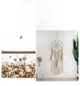 Detailed macro view of bohemian hand-woven cotton macrame tapestry with fringe tassels
