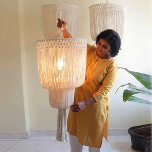 Handmade macrame lampshade with cotton fringe in bohemian style for ceiling lights