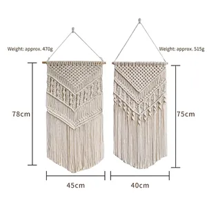 Set of 2 Bohemian macrame wall hangings with dimensions and weights in cream cotton