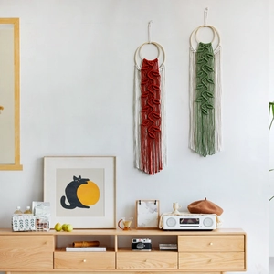 Handmade Cotton Rope Macrame Wall Hanging With Wood Hoop Leaf Pattern Tassel Fringe Bohemian Home Decor Tapestry Art