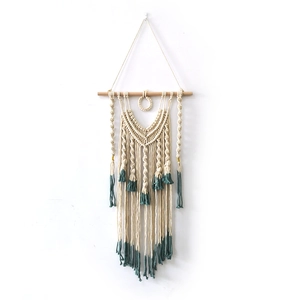 Handmade bohemian woven wall hanging with cream cotton rope and dark green dip-dyed fringe