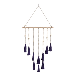 Boho woven cotton rope wall hanging photo display with wooden beads and purple tassels