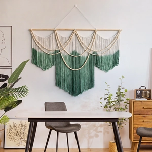 Hand Woven Cotton Macrame Wall Hanging Large Bohemian Nordic Style Gradient Green Tassel Tapestry With Wood Rod Home Decor