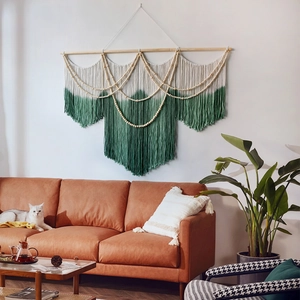 Bohemian handmade macrame wall hanging with green ombre fringe and wooden beads