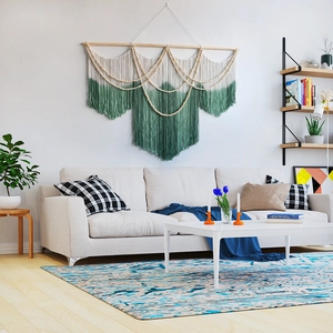 Handmade boho macrame wall hanging with grey-green gradient fringes and wood beads
