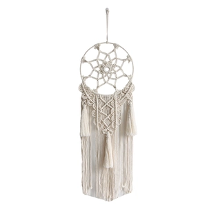 Handmade bohemian macrame wall hanging with circular woven net and long cotton tassels