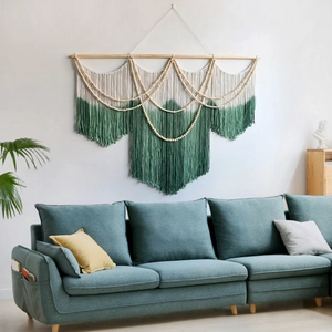 Handmade Bohemian woven tapestry with wood beads and fringe tassels for wall decor