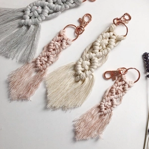 Handmade bohemian cotton rope keychain with tassel and metal lobster clasp in three colors