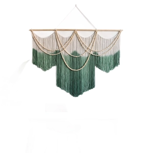 Nordic handmade woven tapestry with green gradient tassels and wooden bead accents
