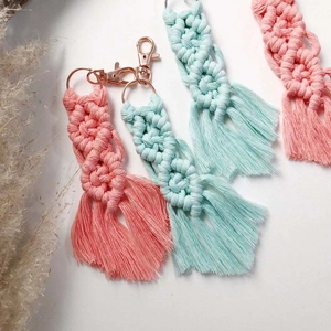Handmade macrame tassels keychain with cotton rope weaving in pink and mint green