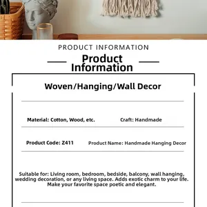 Detailed size and material specs for the handmade bohemian cotton wall tapestry